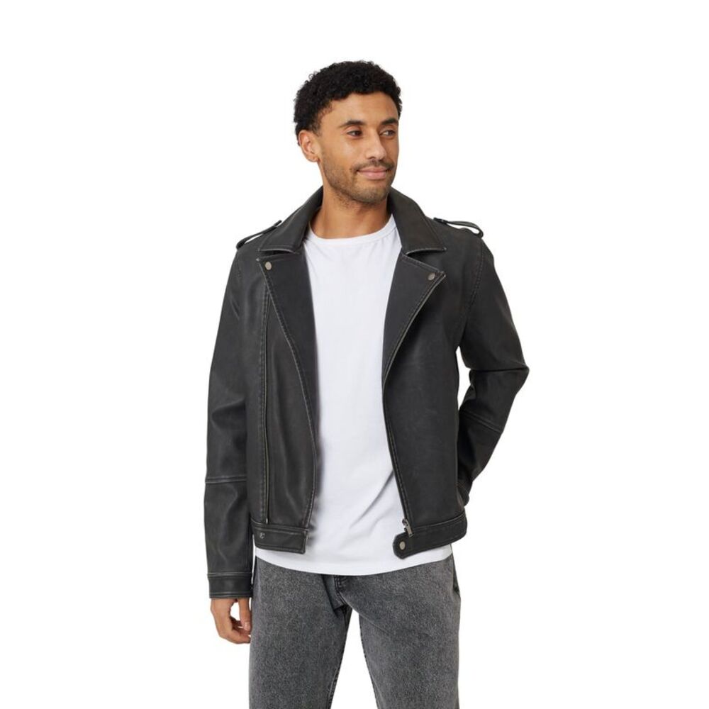Brave Soul Mens Coney PU Washed Biker Jacket / Black